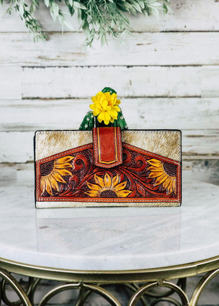 The Sunflower Cowgirl Tooled Clutch Wallet