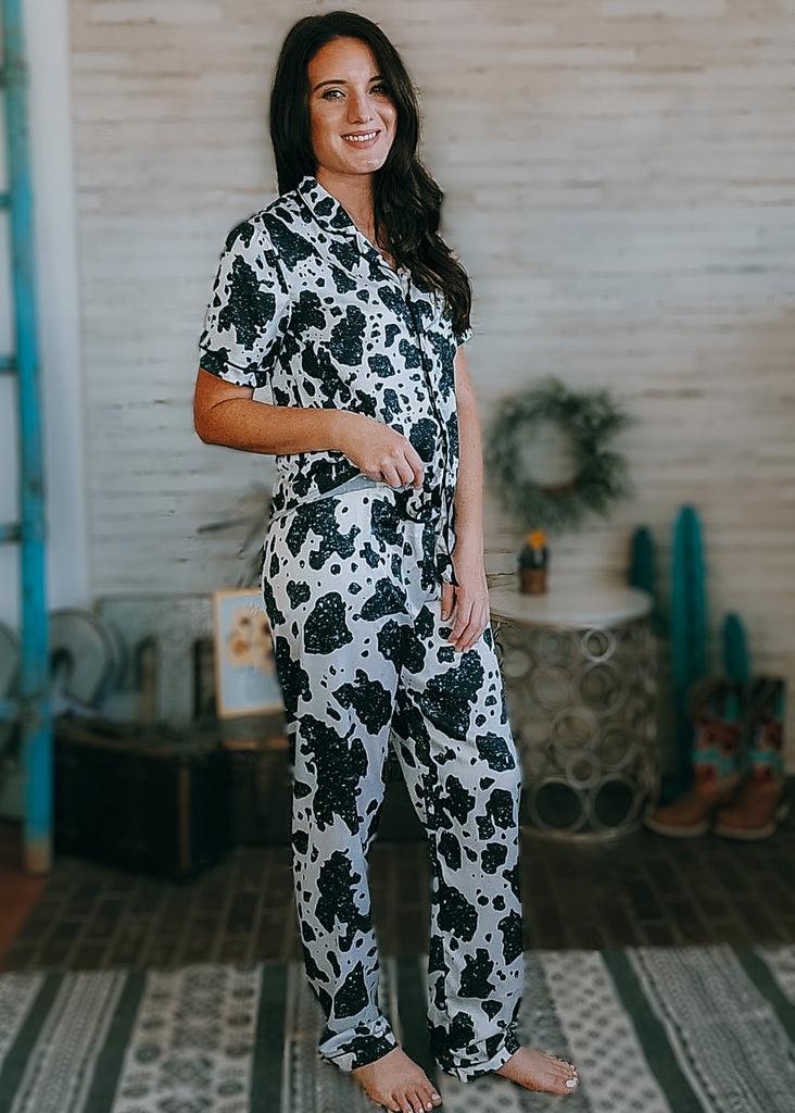 Cowprint & Turquoise Silky Pajamas pajamas The Cinchy Cowgirl (YC)   