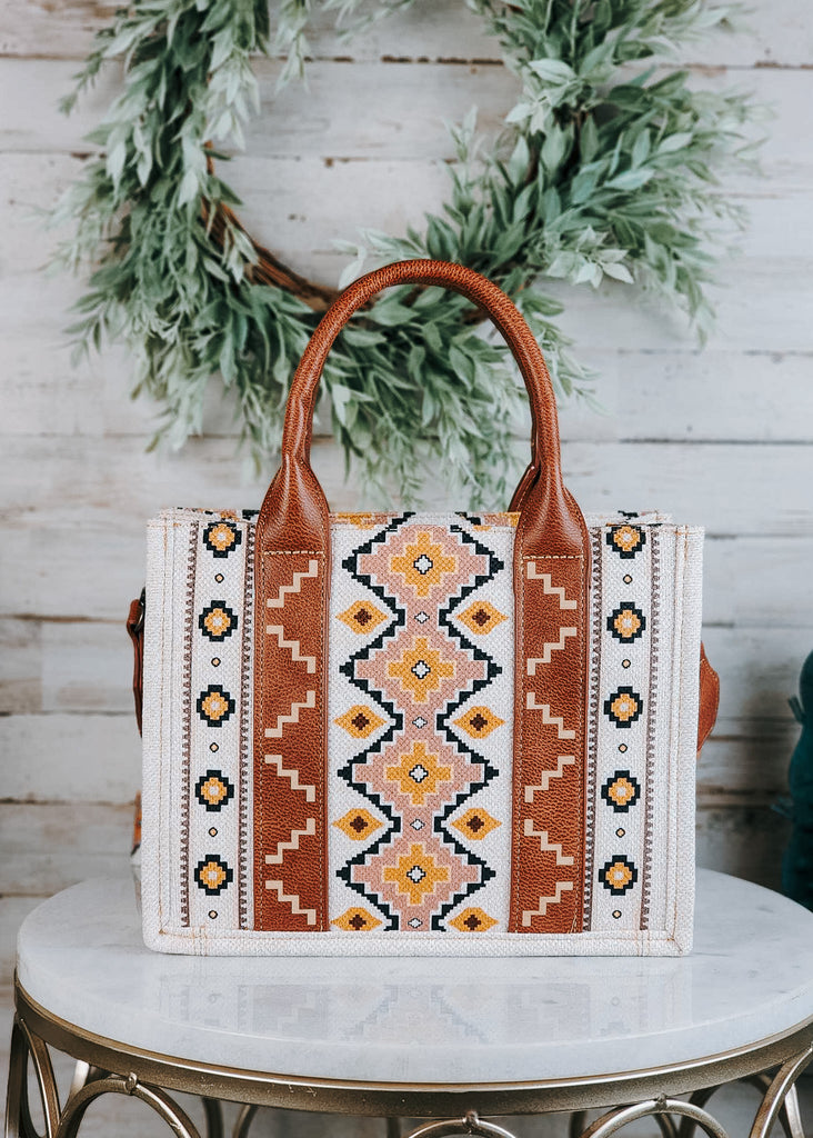 Cream Aztec Wrangler Southwestern Small Tote/Crossbody Handbag Crossbody Handbag Montana West   