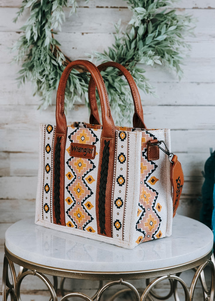 Cream Aztec Wrangler Southwestern Small Tote/Crossbody Handbag Crossbody Handbag Montana West   