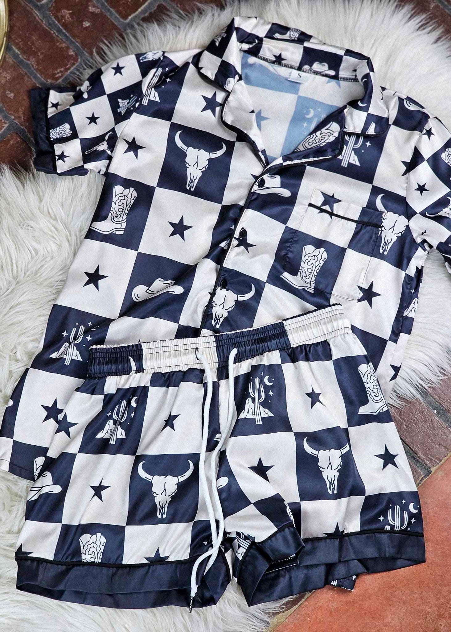 Cream & Black Western Checkered Silky Shorts Pajamas silky pajamas - shorts The Cinchy Cowgirl (YC)   
