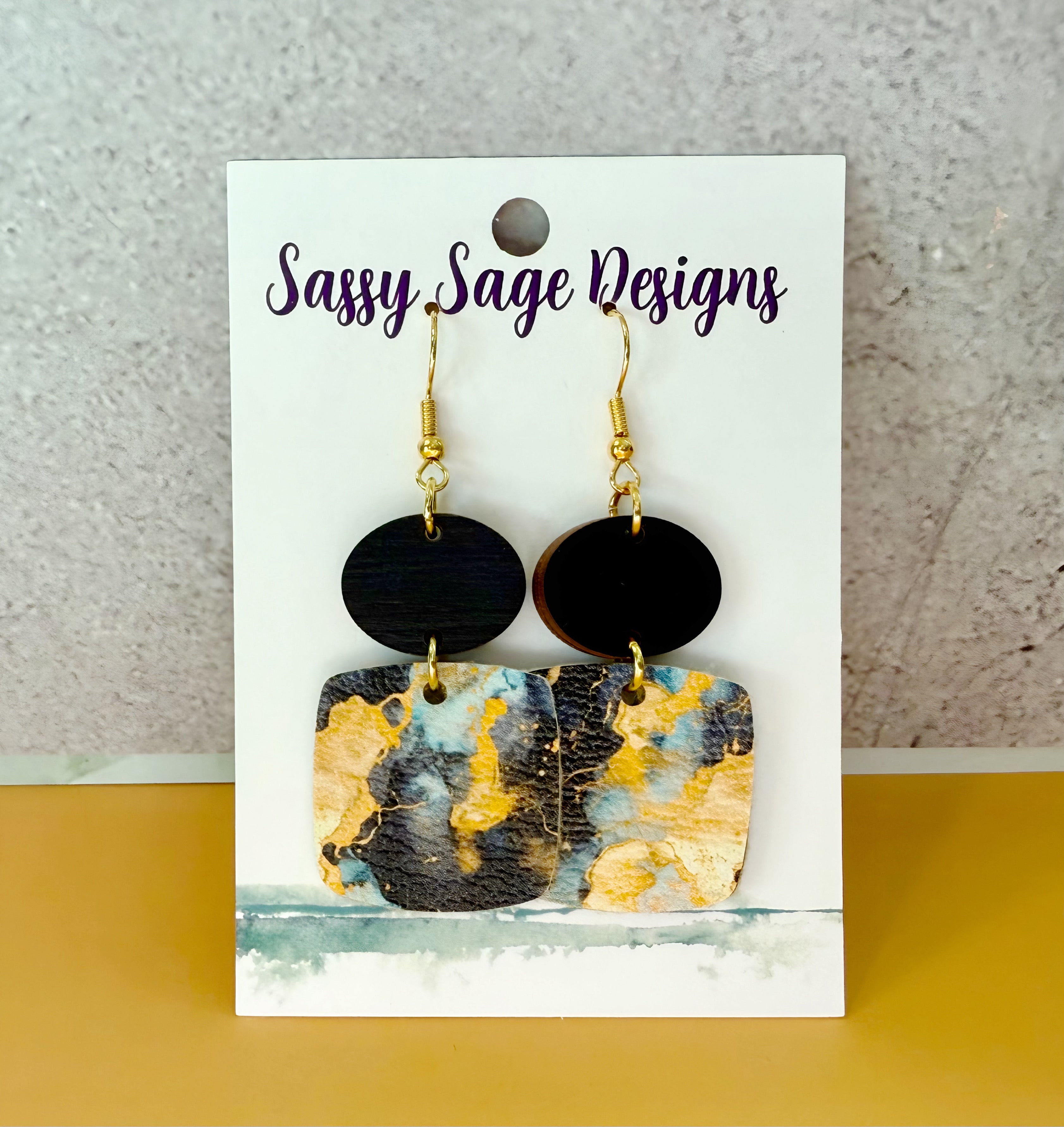 Black and Gold Square Abstract Faux Leather Earrings Earrings Sassy Sage