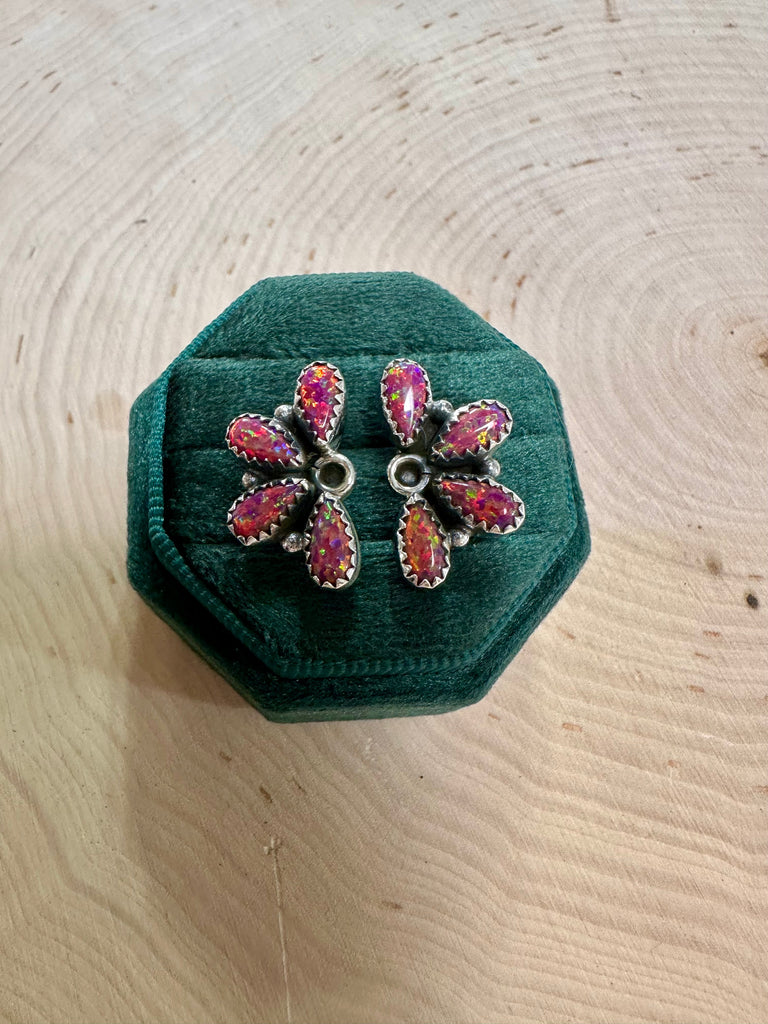 Spring Break Handmade Dark Pink Fire Opal & Sterling Silver Post Earrings NT jewelry Nizhoni Traders LLC   