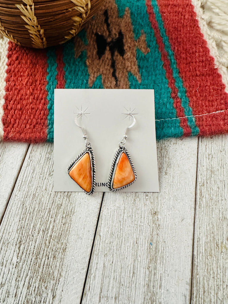 Navajo Orange Spiny and Sterling Silver Triangle Dangle Earrings NT jewelry Nizhoni Traders LLC   