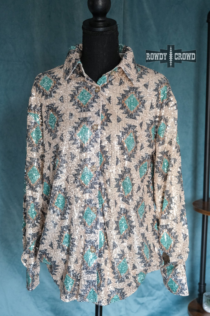 Western bling button up with Southwestern style and tribal designs and sparkle. Neutral colors make the teal and gold really pop. 