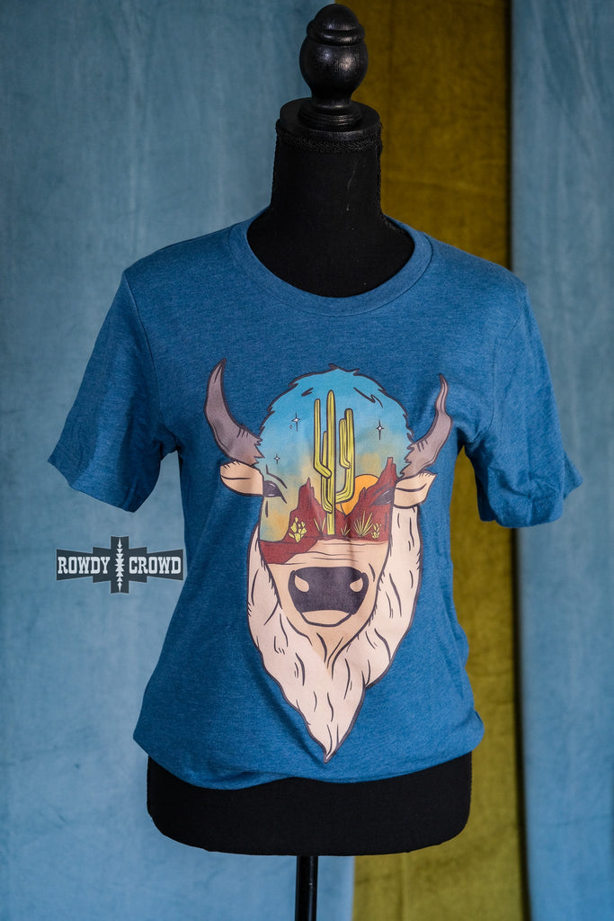 Teal short sleeve tee with a printed buffalo design with a desert scenery on the face. Tee hangs on mannequin. 