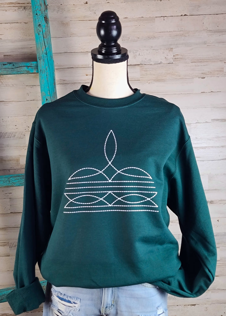 Dark Green White Boot Stitch Pullover tcc graphic tee The Cinchy Cowgirl