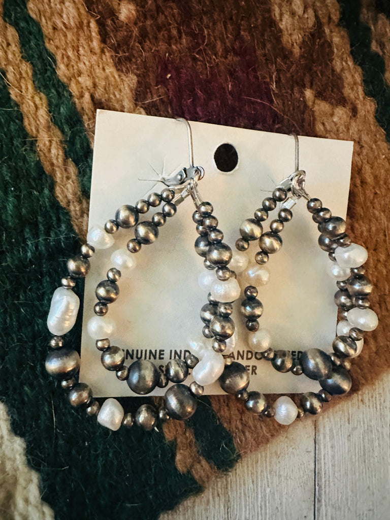 Navajo Natural Pearl & Sterling Silver Beaded Double Hoop Dangle Earrings NT jewelry Nizhoni Traders LLC   
