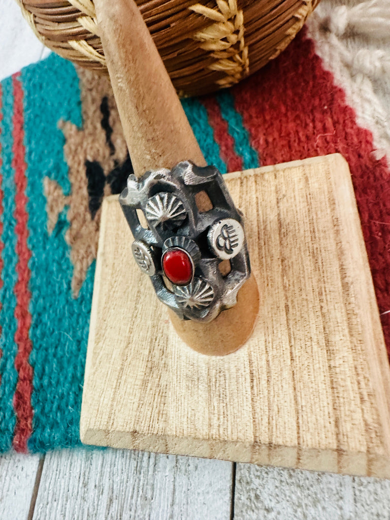 Navajo Coral & Sterling Silver Ring Size 7.25 by Chimney Butte NT jewelry Nizhoni Traders LLC   