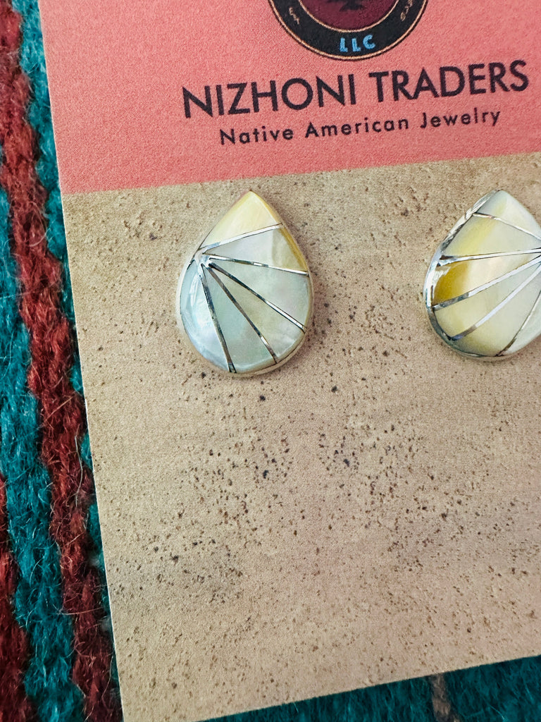 Zuni Mother of Pearl & Sterling Silver Inlay Teardrop Earrings NT jewelry Nizhoni Traders LLC   