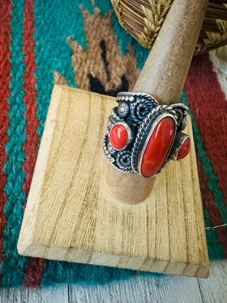 Navajo Sterling Silver and Coral Ring Size 8.25 by Hemerson Brown NT jewelry Nizhoni Traders LLC   