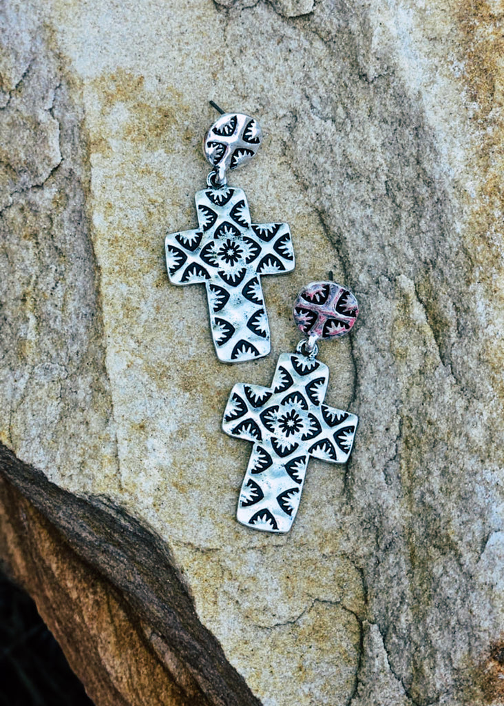 Etched Cross Stud Earrings Earrings Blue Tortoise