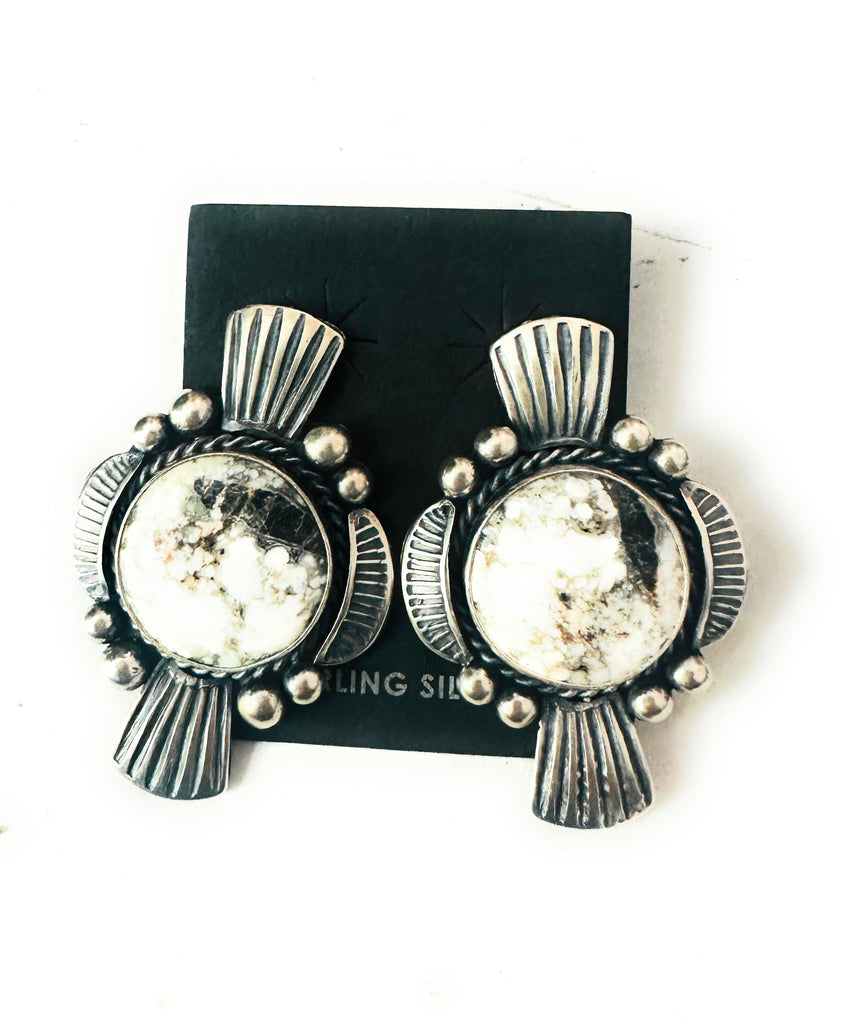 Navajo White Buffalo & Sterling Silver Post Earrings NT jewelry Nizhoni Traders LLC   
