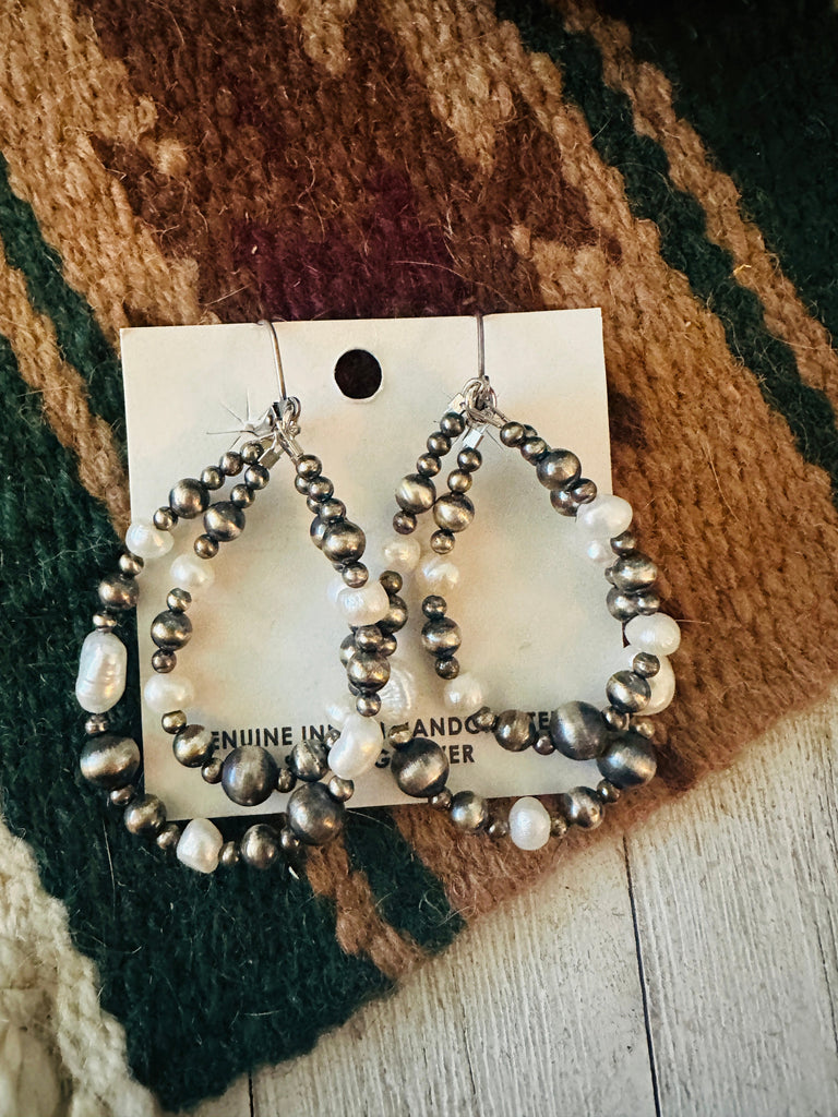 Navajo Natural Pearl & Sterling Silver Beaded Double Hoop Dangle Earrings NT jewelry Nizhoni Traders LLC   