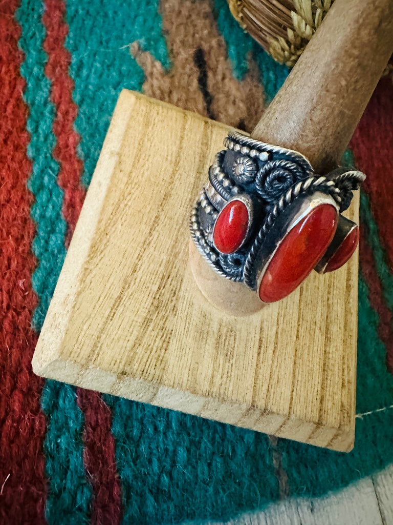 Navajo Sterling Silver and Coral Ring Size 10 by Hemerson Brown NT jewelry Nizhoni Traders LLC   