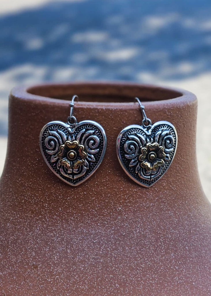 Etched Flower Heart Dangle Earrings Earrings Blue Tortoise