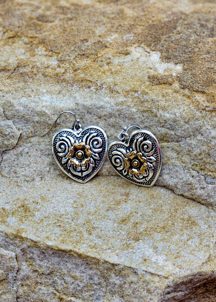 Etched Flower Heart Dangle Earrings Earrings Blue Tortoise