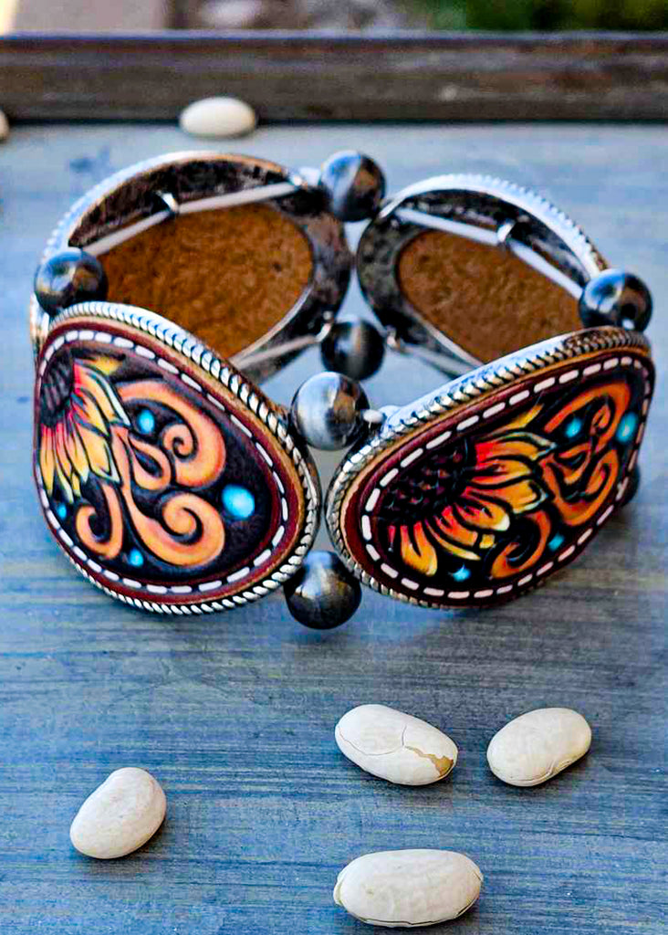 Flower Leather Stretch Bracelet Bracelets Blue Tortoise
