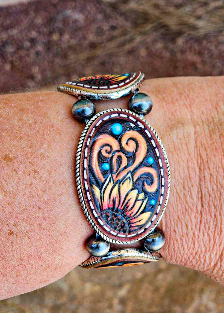 Flower Leather Stretch Bracelet Bracelets Blue Tortoise