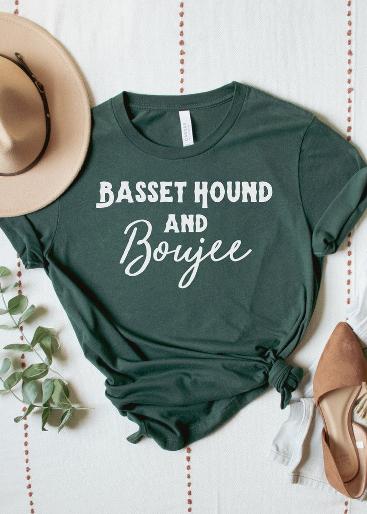 Forest Green Basset Hound & Boujee Short Sleeve Tee Dog Breed Short Sleeve Graphic Tee Printify XS  