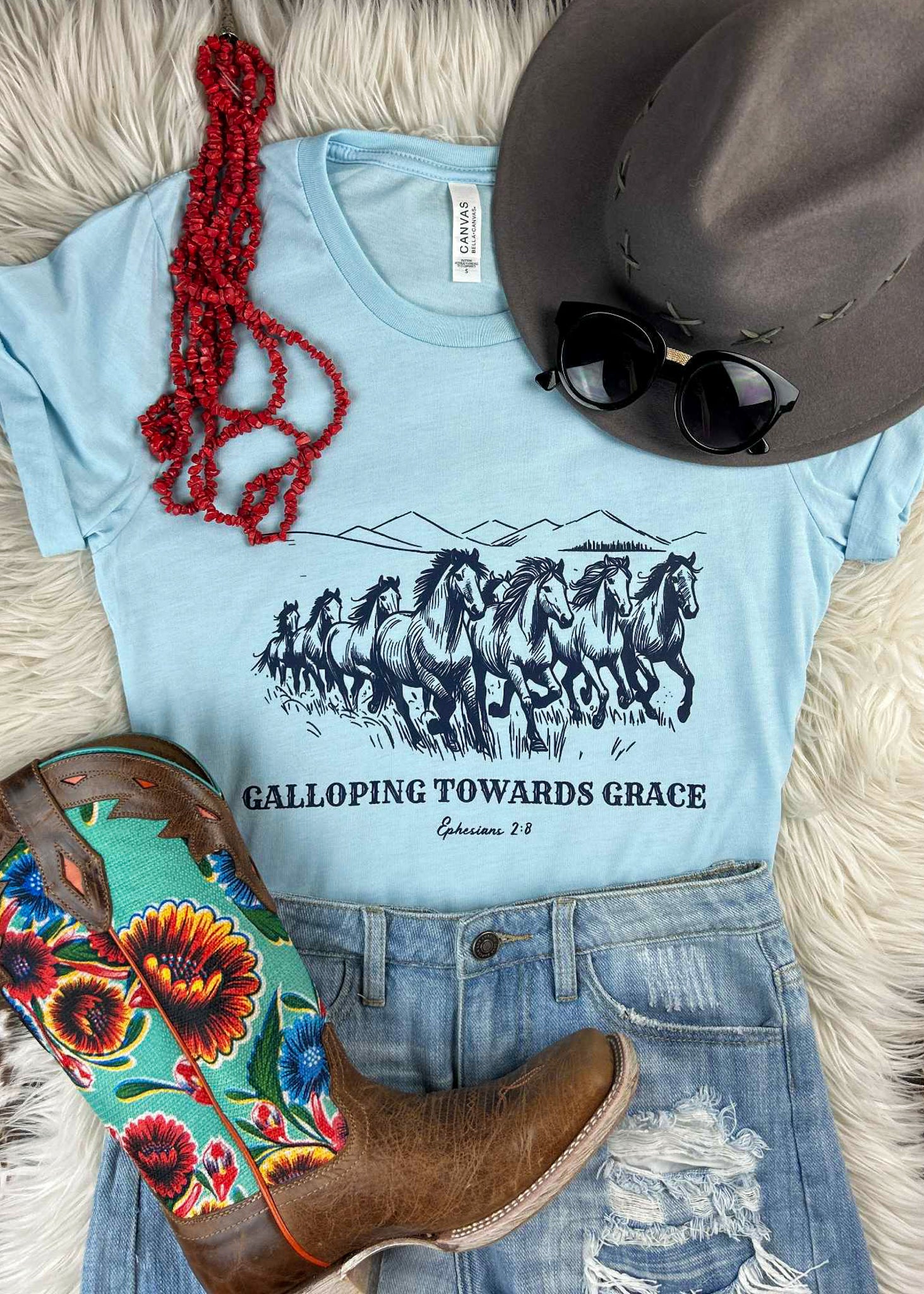 Galloping Towards Grace Short Sleeve Tee with Navy Ink tcc graphic tee The Cinchy Cowgirl