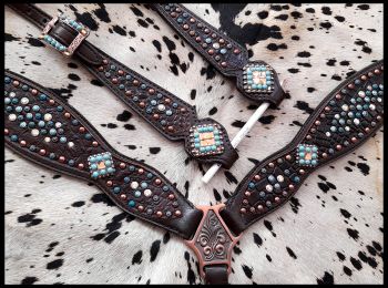 Gator Inlay One Ear Headstall and Breast Collar Set with Turquoise, and Copper Beading headstall set Shiloh