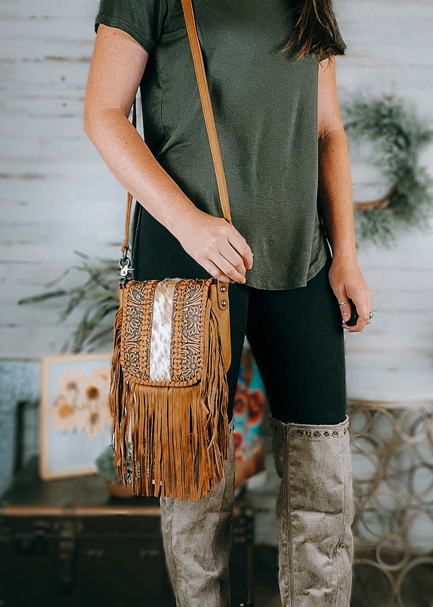 Genuine Leather Floral Tooled Fringe Crossbody Bag