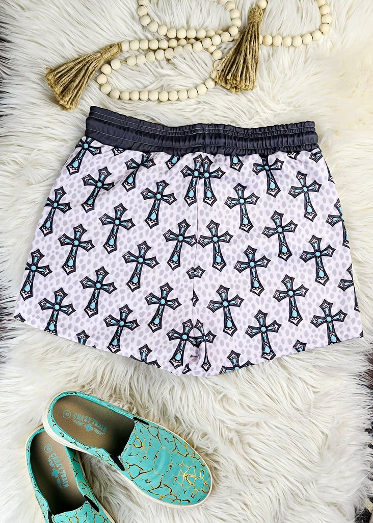 Gray & Turquoise Cross Drawstring Shorts drawstring shorts The Cinchy Cowgirl (YC)   