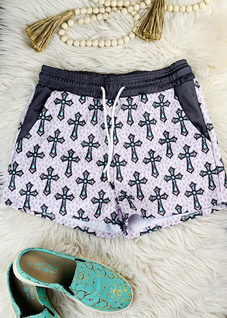 Gray & Turquoise Cross Drawstring Shorts drawstring shorts The Cinchy Cowgirl (YC) XS  