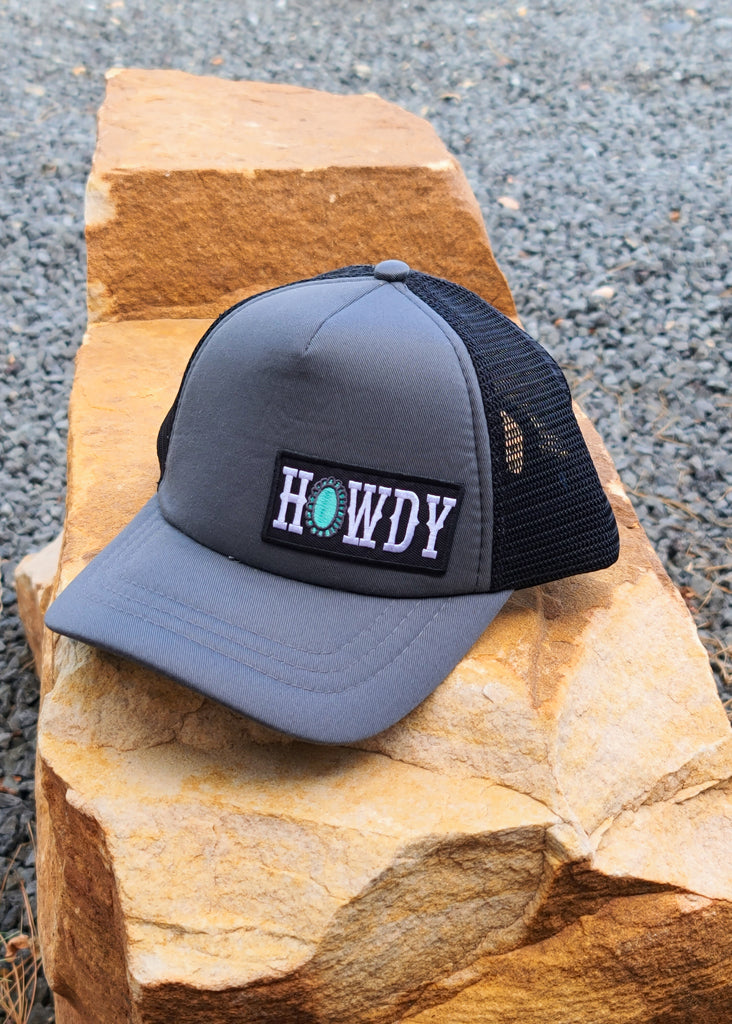 Howdy Patch Grey And Black Trucker Hat patch trucker hat The Cinchy Cowgirl