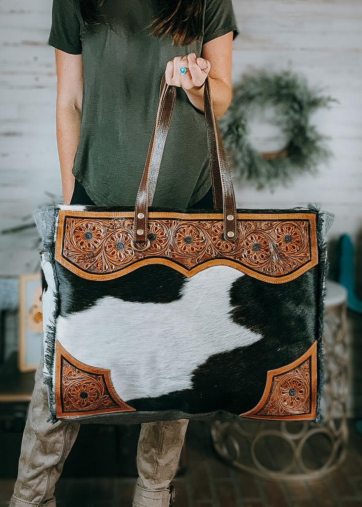 Cowhide & Tooled Leather Weekender Handbag Weekender Handbag Myra   