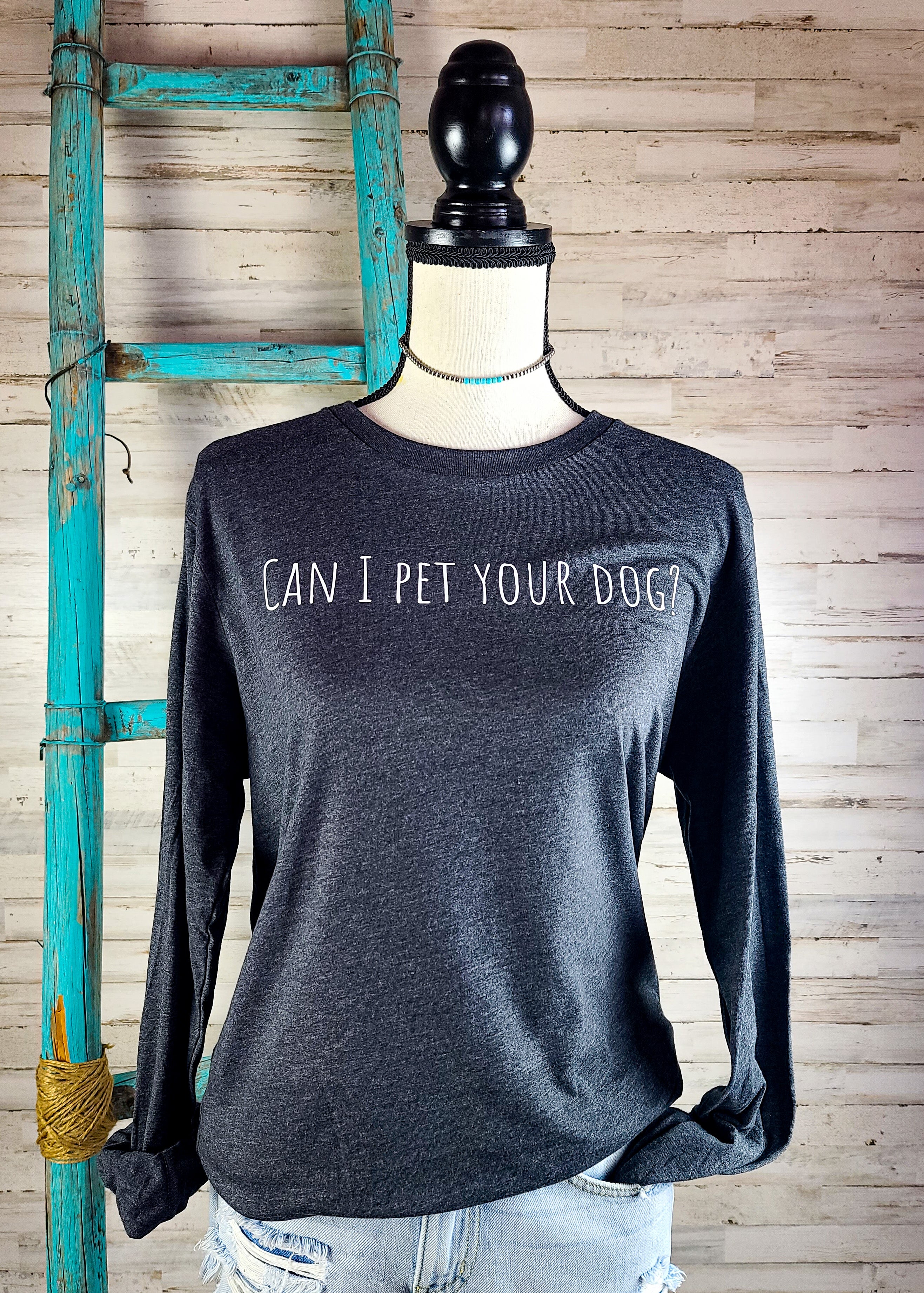 Heather Dark Grey Can I Pet Your Dog graphic tee long sleeve The Cinchy Cowgirl