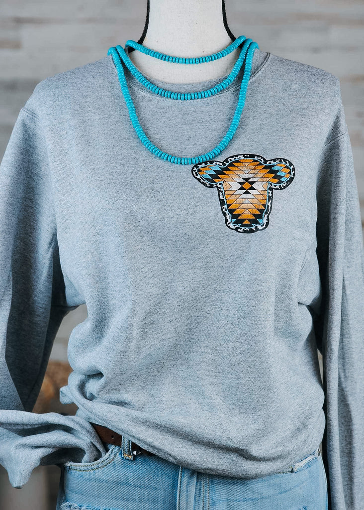 Heather Gray Aztec Cow Fleece Pullover Graphic Sweatshirt The Cinchy Cowgirl   