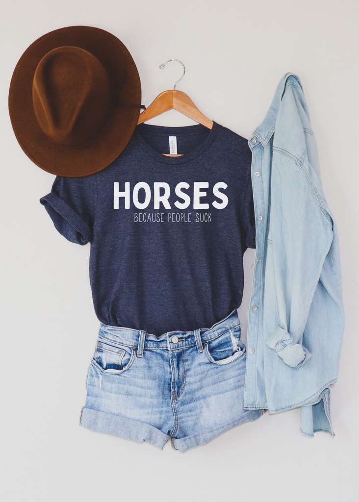 HORSES Because People Suck Short Sleeve Tee tcc graphic tee Printify Heather Navy XS 