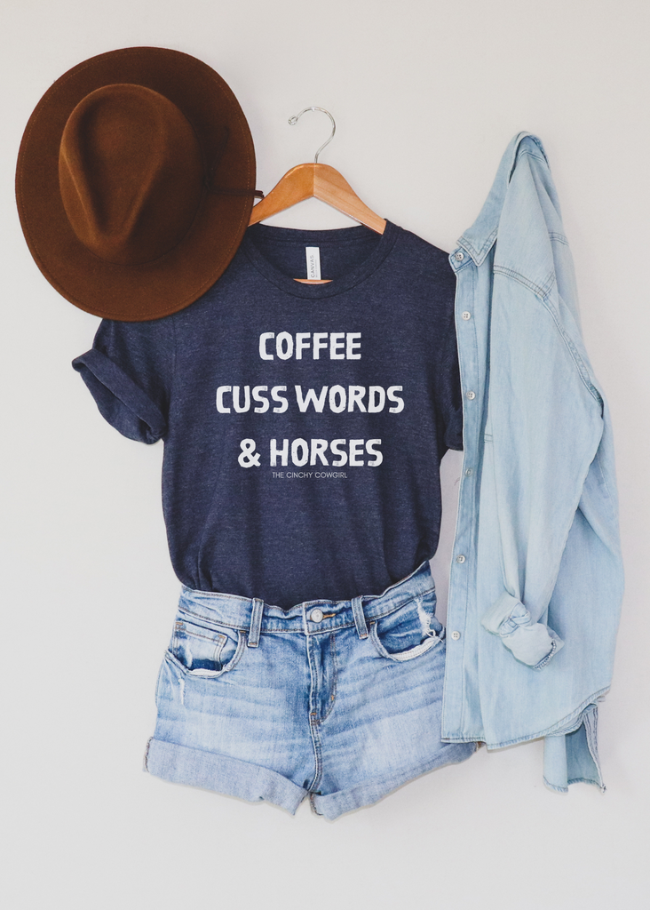 Coffee, Cuss Words, & Horses Short Sleeve Tee tcc graphic tee Printify Heather Navy XS 