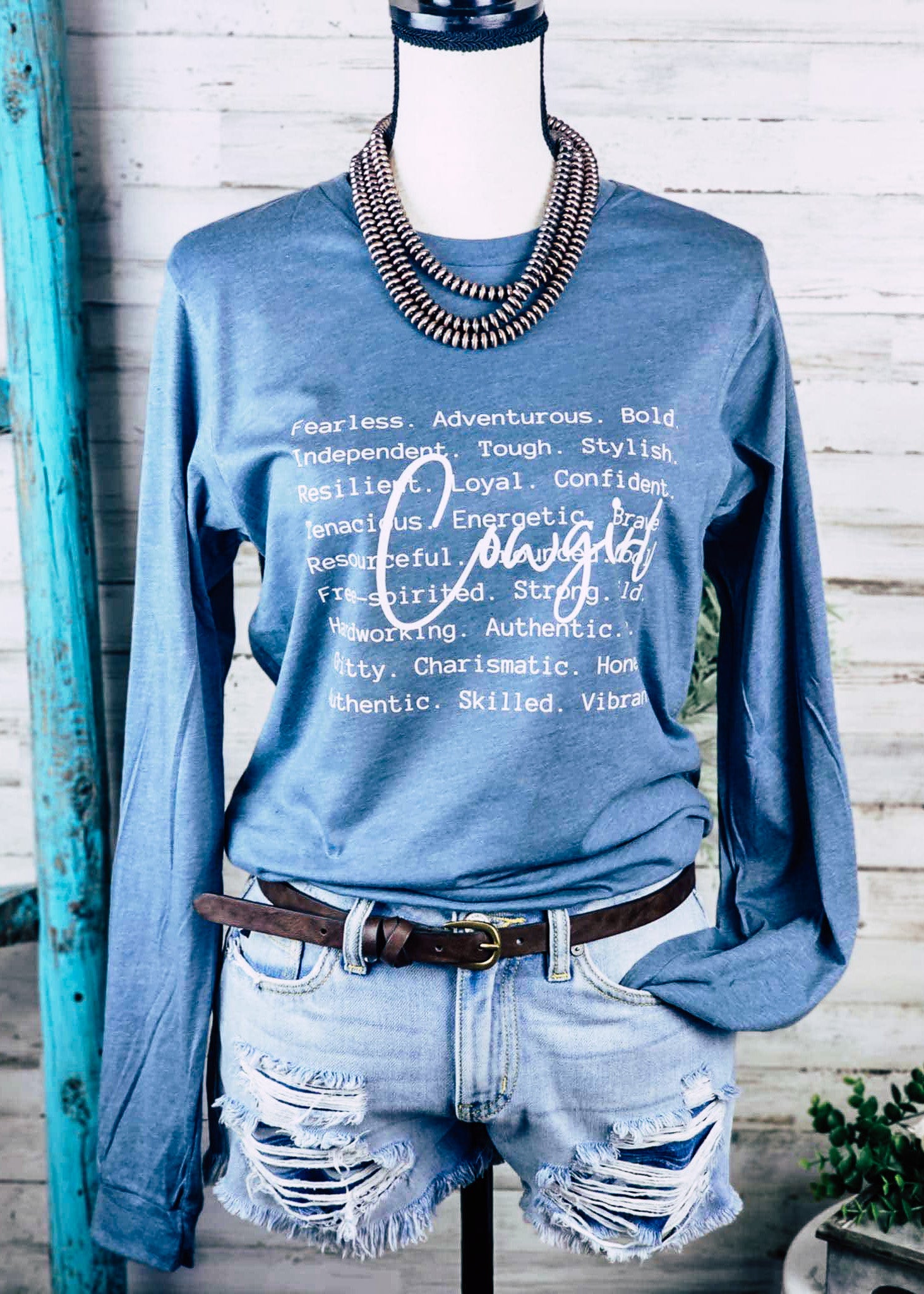 Heather Slate Cowgirl. Long Sleeve Tee Graphic Sweatshirt The Cinchy Cowgirl