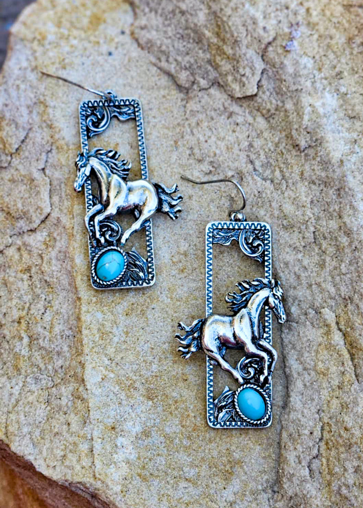 Horse Rectangle Dangle Earrings Earrings Blue Tortoise