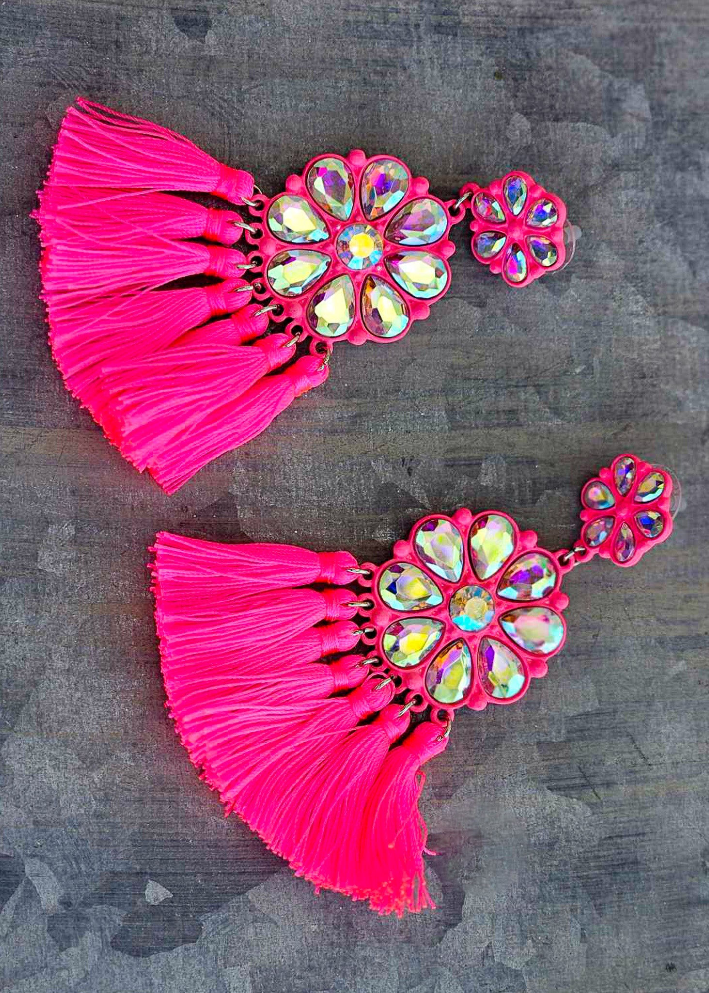 Pink Flower Concho Stone With Tassel Stud Earrings Earrings Blue Tortoise