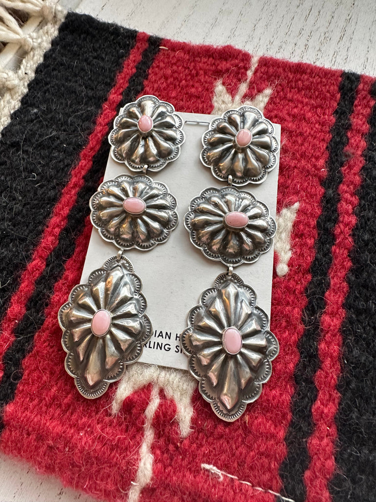 Navajo Queen Pink Conch & Sterling Silver Concho Dangle Earrings NT jewelry Nizhoni Traders LLC   