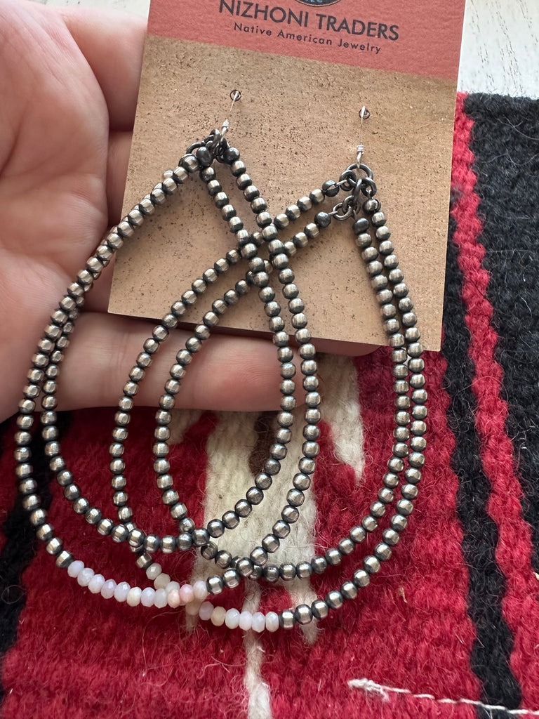 Navajo Sterling Silver & Pink Conch Pearl Dangle Hoop Earrings NT jewelry Nizhoni Traders LLC   