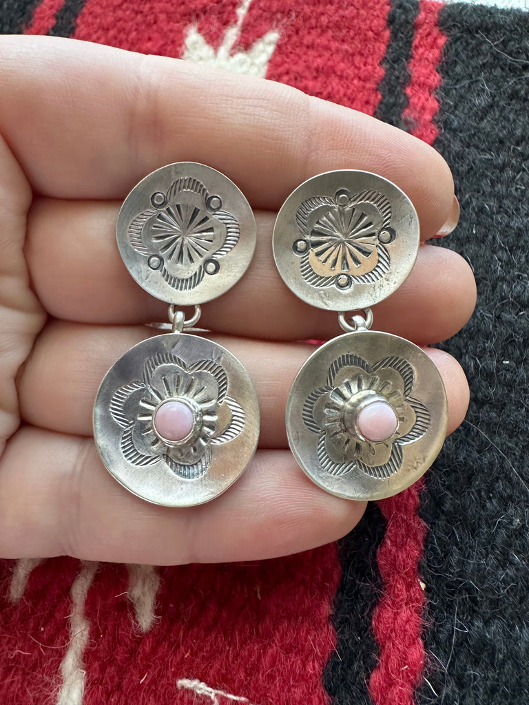 Navajo Pink Conch Shell & Sterling Silver Dangle Earrings NT jewelry Nizhoni Traders LLC   