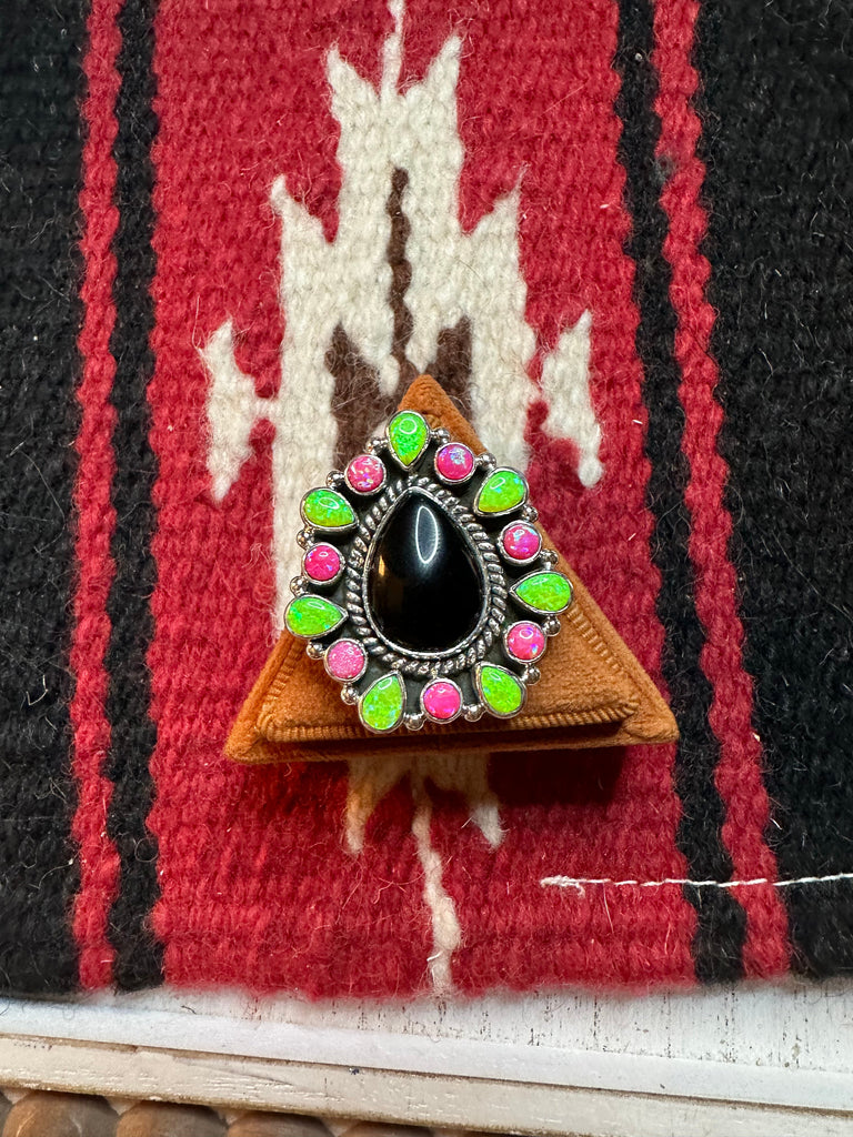 Nizhoni Handmade Adjustable Black Onyx, Pink & Green Fire Opal & Sterling Silver Ring Jewelry & Watches:Ethnic, Regional & Tribal:Native American:Rings Nizhoni Traders LLC   