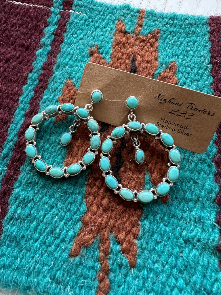 Nizhoni Handmade Turquoise and Sterling Silver Circle Dangle Earrings NT jewelry Nizhoni Traders LLC   