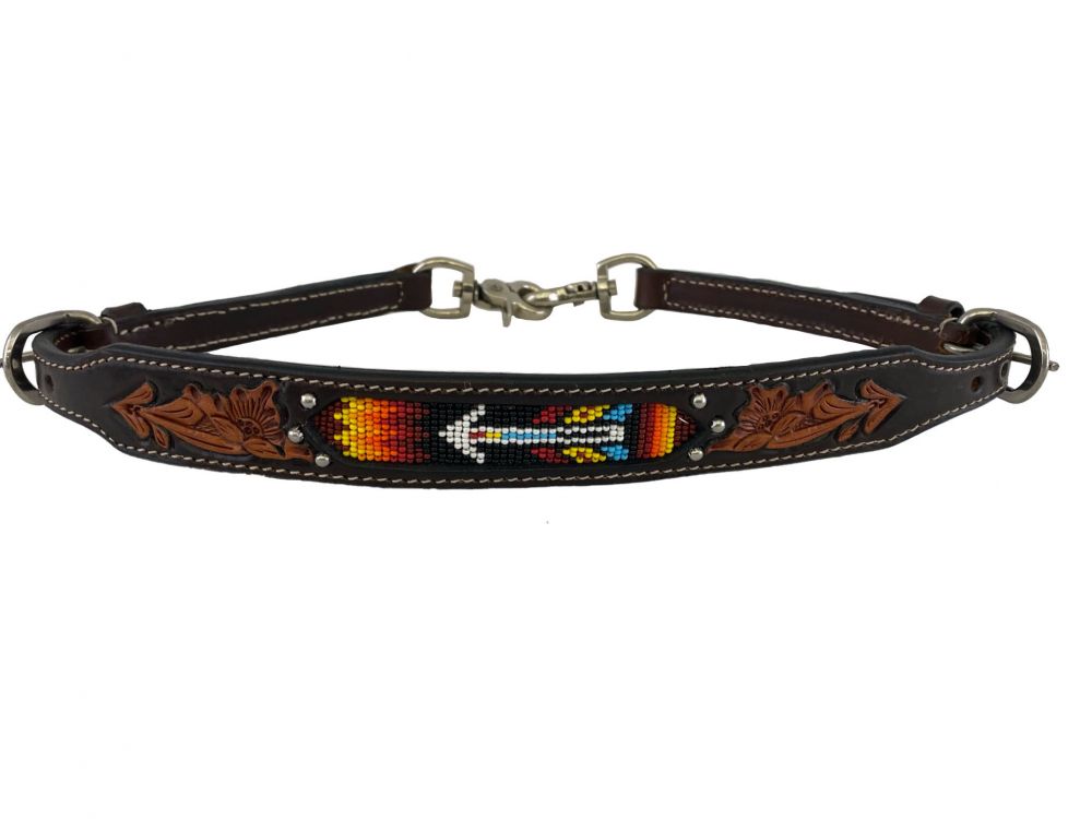 Southwestern beaded wither strap with an arrow design, Dark colored leather with lighter color floral tooling. Silver buckles and clips. 