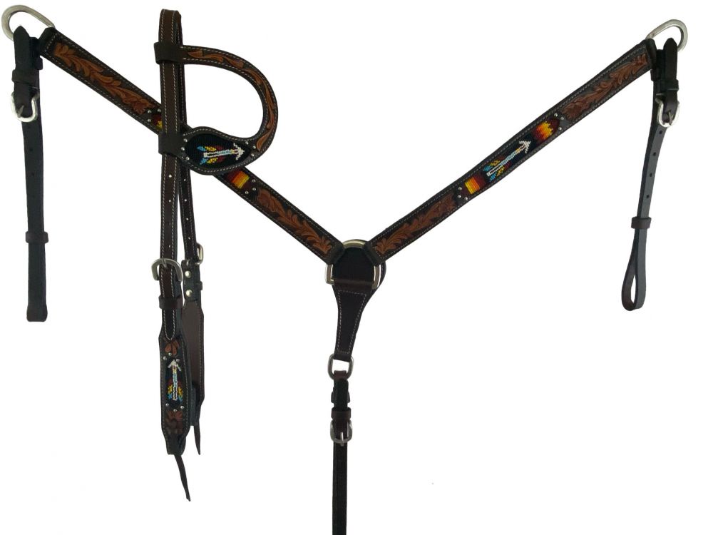 Western headstall set with dark leather and lighter floral tooling. Beaded southwestern arrow on breast collar, cheek, and one ear piece. 