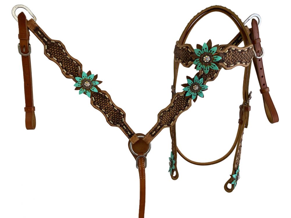 Painted Teal 3D Flower Headstall Set headstall set Shiloh   