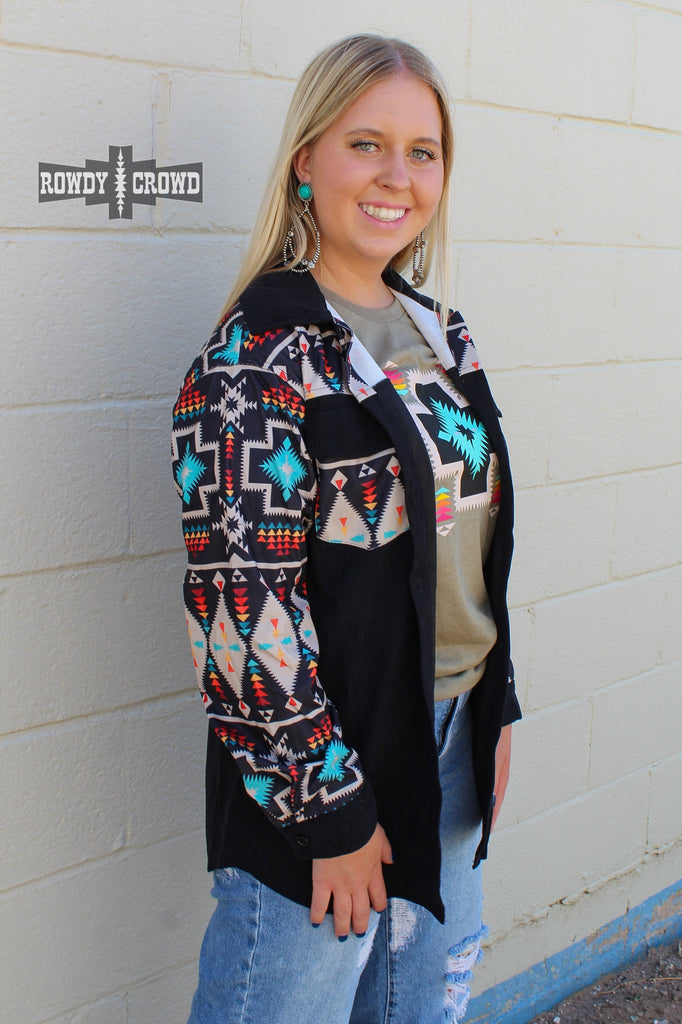 Wild Side Shacket on blonde model. Black base with aztec print details for a cute southwestern look.