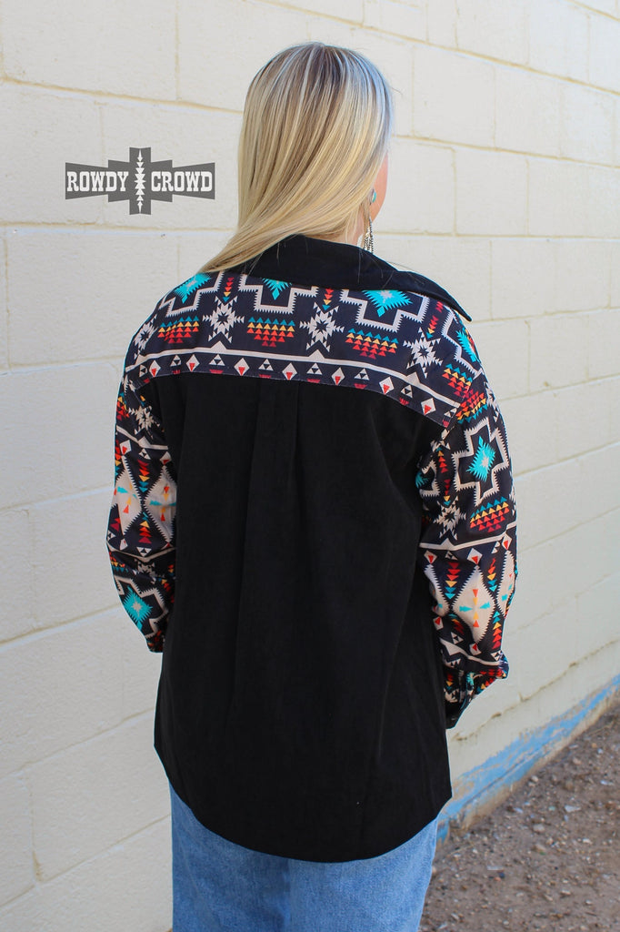 Wild Side Shacket on blonde model. Black base with aztec print details for a cute southwestern look. back view