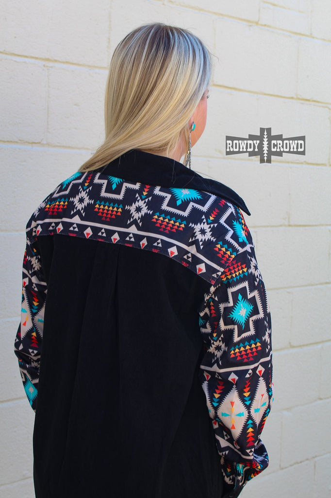 Wild Side Shacket on blonde model. Black base with aztec print details for a cute southwestern look. back view