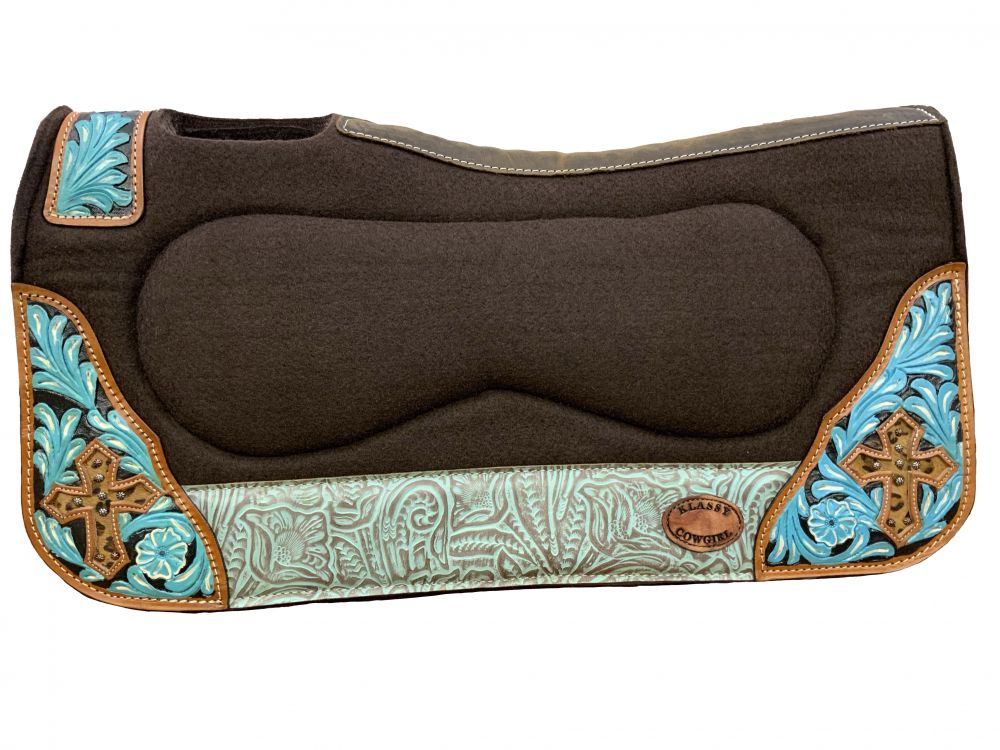 Brown Felt Teal Embossed Cross Saddle Pad western saddle pad Shiloh